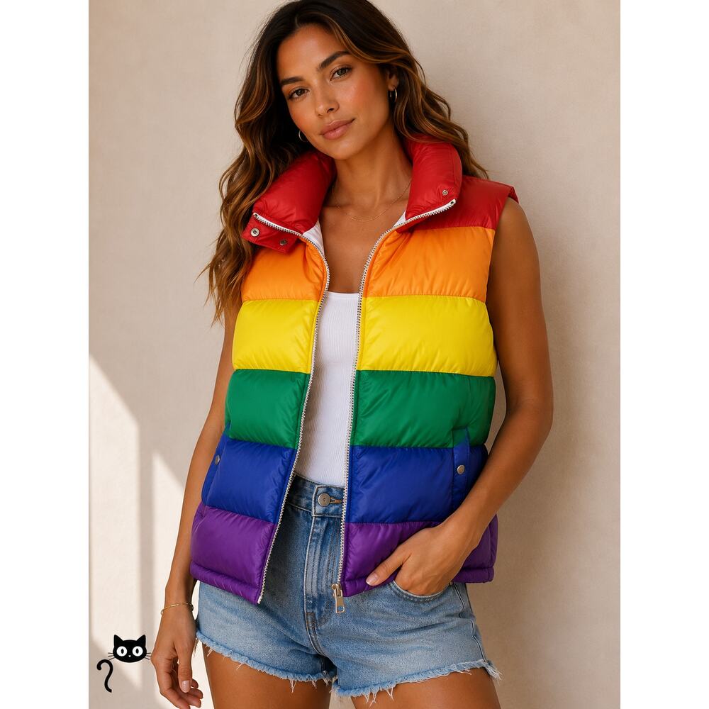 RARE Burberry Rainbow Stripe Down Filled Quilted Puffer Vest Concealed Zip S - Picture 4 of 13